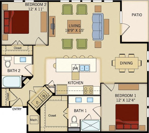 2 BD 2 Bath floorplan 1250 sqft